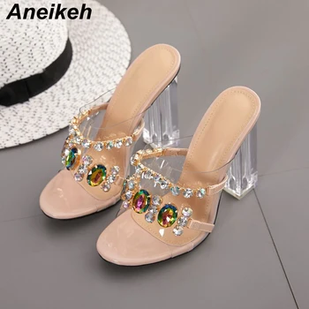 

Aneikeh Summer Fashion Crystal Diamond Slides Clear PVC Transparent Slippers Women Shoes Peep Toe High Heels Mules Dress Pumps