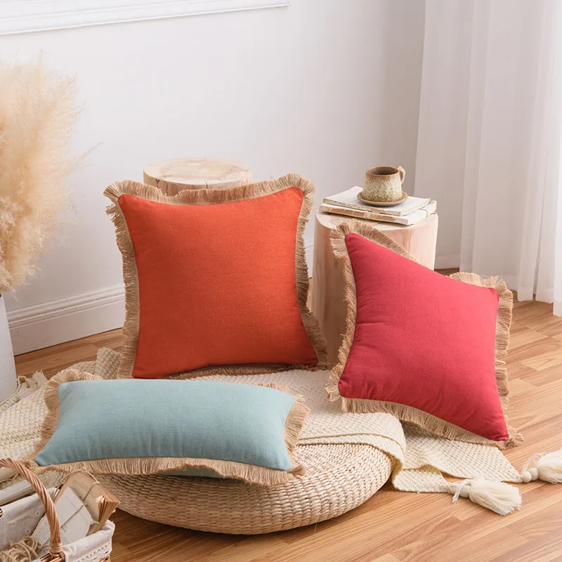 Inyahome Rustic Throw Pillow Covers Burlap Trimmed Tailored Edges Home Decorative for Couch Sofa Red Blue | Дом и сад
