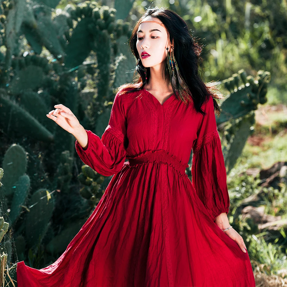 Maxi vestido KHALEE Vintage para mujer, vestidos Boho de algodón de con escote en V y espalda descubierta, Vestido de playa de manga acampanada Imperio|Vestidos| - AliExpress