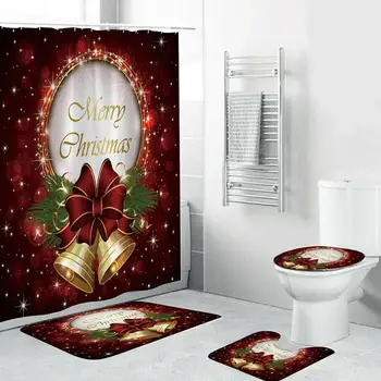 

Modern Bathroom Christmas Bell Shower Curtain & 3pcs Mat Set Toilet Cover US