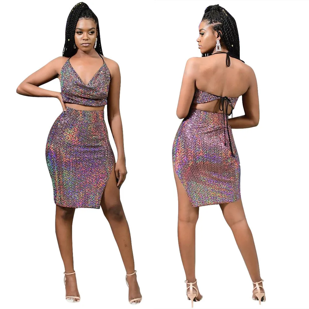 

Ls8030 Europe And America Hot Selling Lace-up Deep-V-Slit Skirt Two-Piece Set Nightclub Uniforms