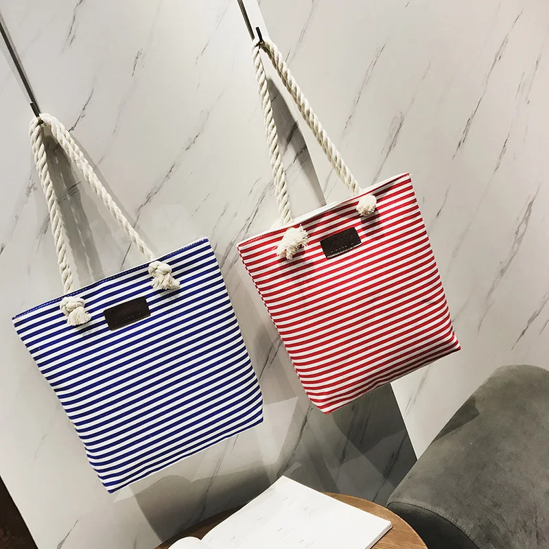 

HUGWISER Leisure Canvas Shoulder Bag Handbag Nylon Fresh and Simple Joker Stripe Large Capacity Multifunctional Bag ZipperPocket