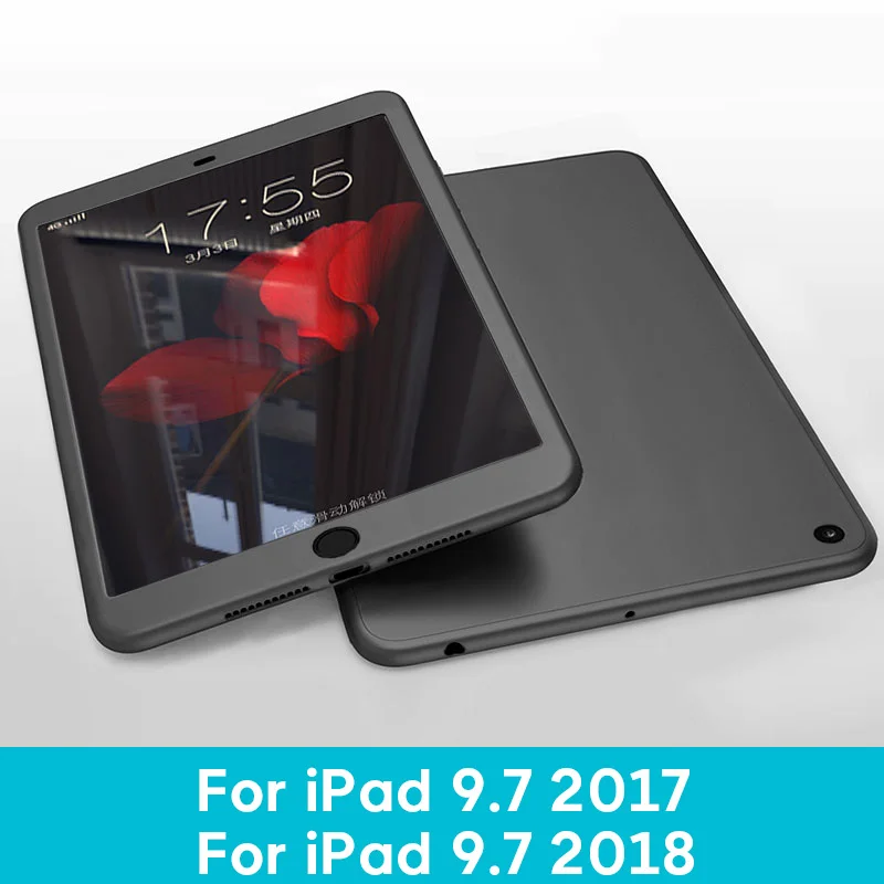 Силиконовые 360 Полное покрытие чехол для iPad 10,2 9,7 чехол для iPad mini, 4, 5, Чехол для iPad Pro 10,5 воздуха на возраст 1, 2, 3, со стеклом - Цвет: 9.7 2017 2018 BK