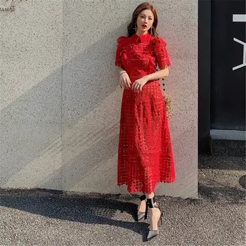 

CBAFU women red long lace dress ruffles hollow out short sleeve dresses party high quality self portrait dresses F224