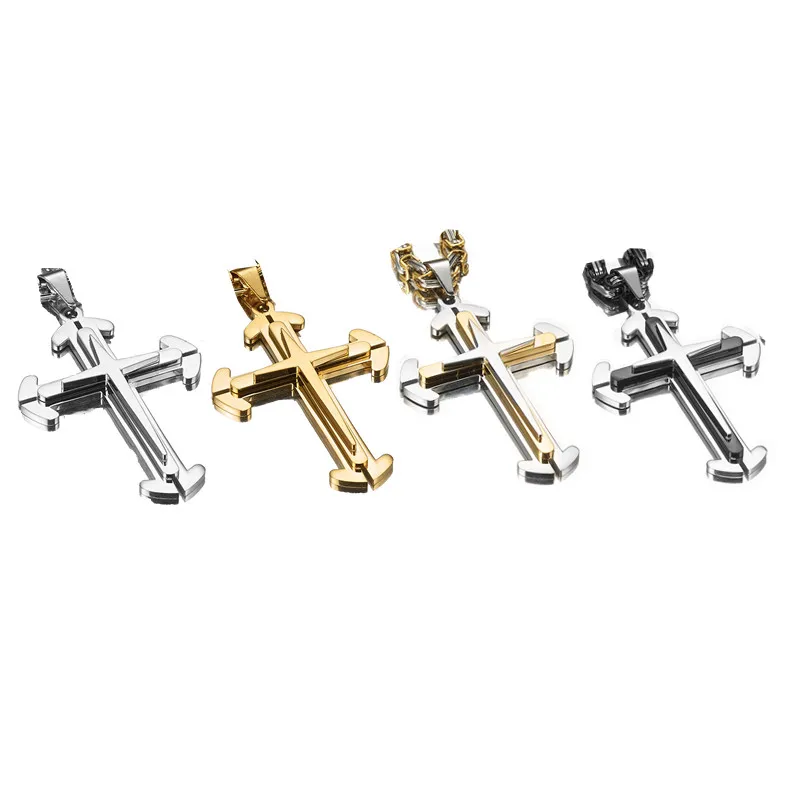 

Hot Selling Stainless Steel Cross Necklaces Crucifix Pendant & Necklace for men Vintage Stainless Steel Men 6mm Byzantine Chain