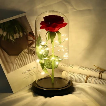 

Hot Immortal Flower Beauty and The Beast Red Rose In Glass Dome Wooden Base LED Lamps Decorate Valentines Day Gift