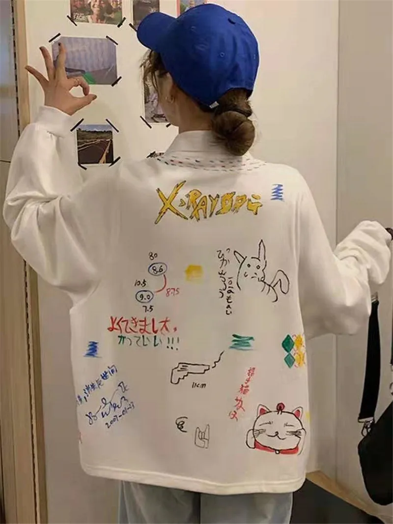 Harajuku Print Jumpers Fashion Streetwear Loose Kawaii Hoodie Women Casual TShirt Cartoon Long Sleeve Female Autumn High Street