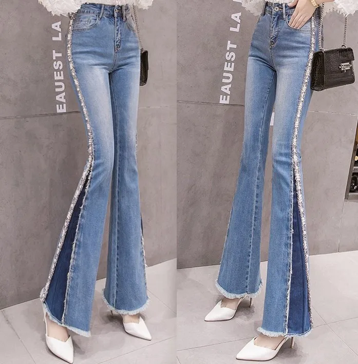 

Fishtail Jeans Women Korean Style Autumn Winter Side Opening Nail Pearl Beaded Ironing Bell Pants Girls Ladies Jeans Jean Femme