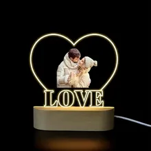

Personalized Heart LOVE USB LED Night Light Customized Photo 3D Acrylic Lamp for Couples Home Bedside Decorate Wooden Base