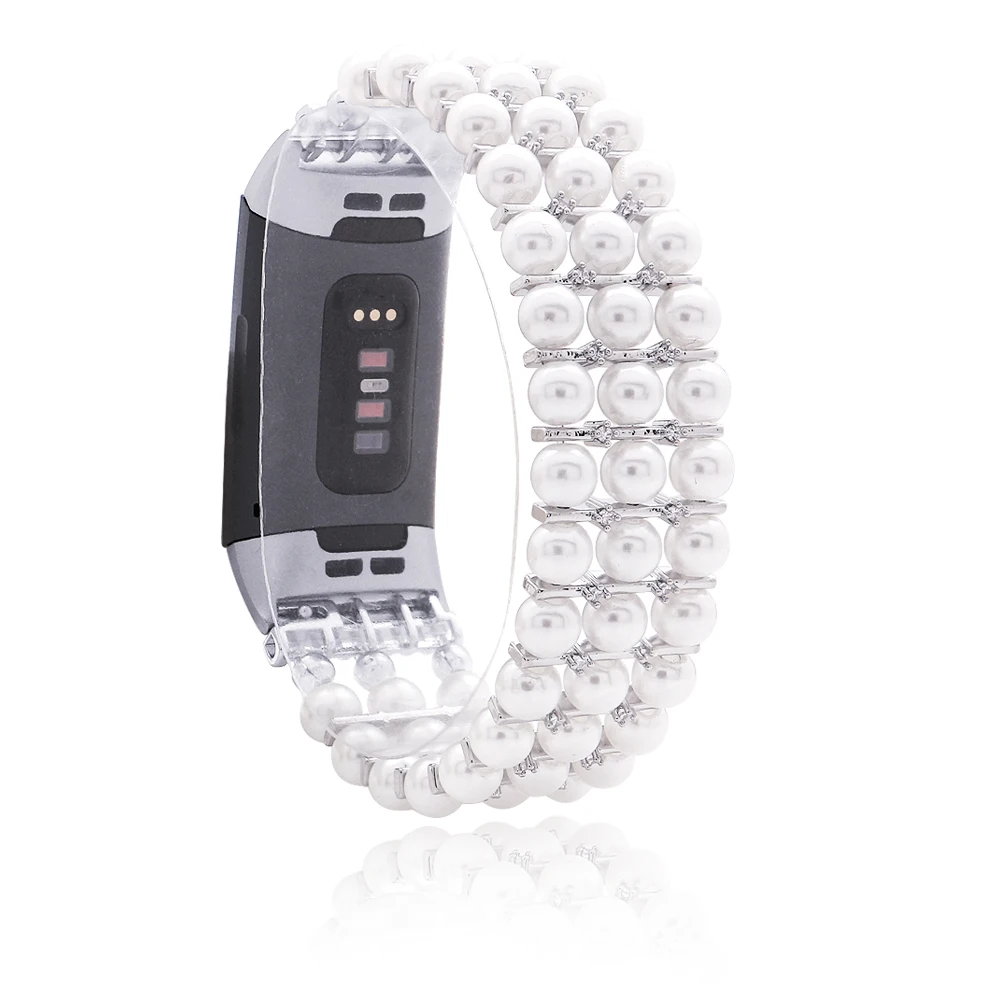 

Imitation Pearls Elastic Watchband For Fitbit Charge 3/4 Handmade Crystal Smart Watch Strap For Unisex Watch Bracelet Wristband