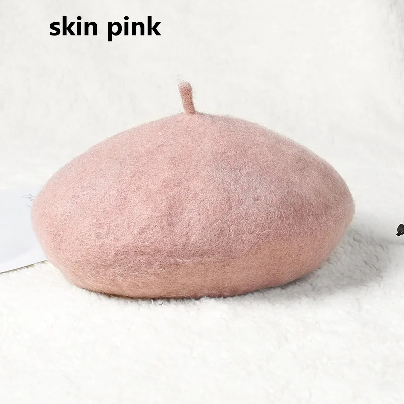 skin pink Новинка зимы, шапка для художника, женский шерстяной берет, однотонный цвет, мягкие женские шапки для девушек, вязаные французские шапки, регулируемые женские береты - Цвет: skin pink