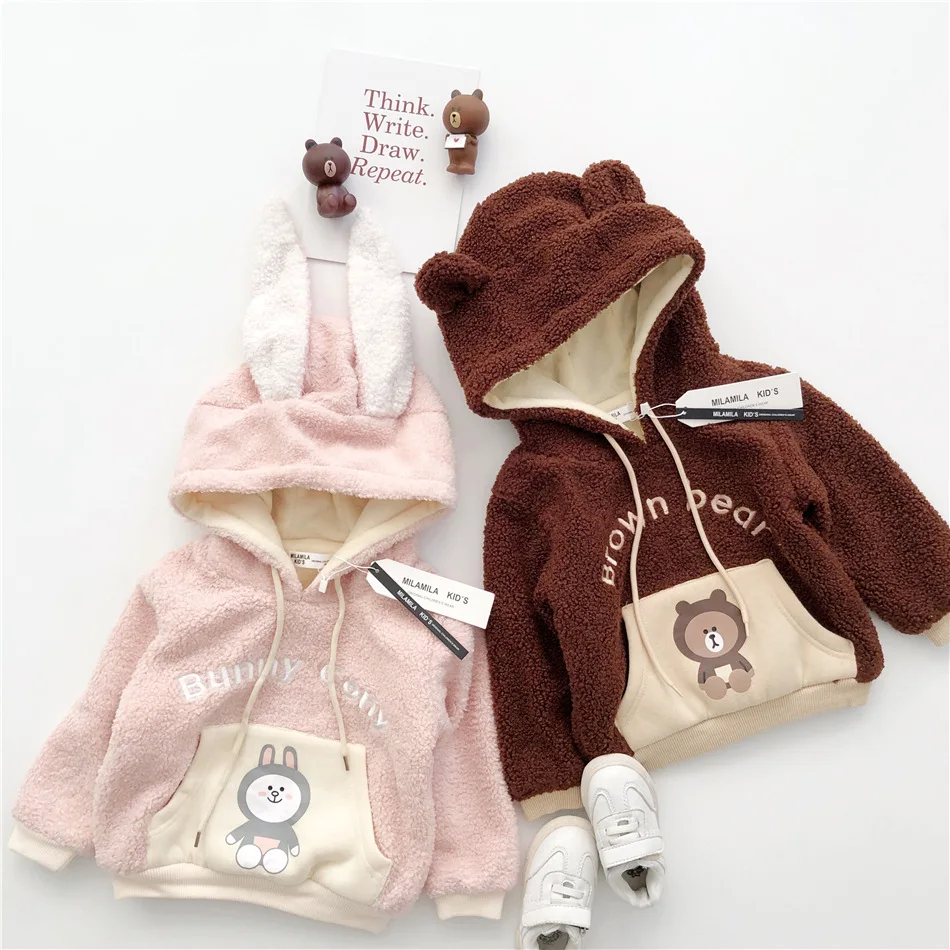 Tonytaobaby/Новинка; зимняя детская одежда для мальчиков и девочек; флисовая толстовка с капюшоном с изображением медведя и кролика