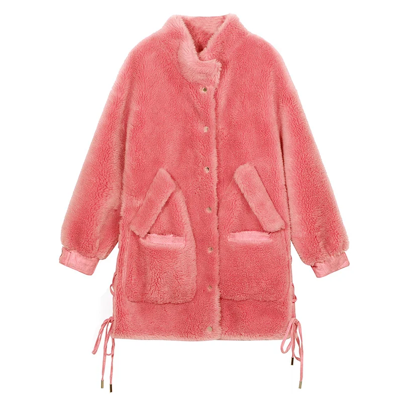 SAM'S TREE розовое однотонное плюшевое зимнее шерстяное пальто для женщин зимняя флисовая Свободная Повседневная Офисная Женская Верхняя одежда со шнуровкой по бокам - Цвет: Розовый
