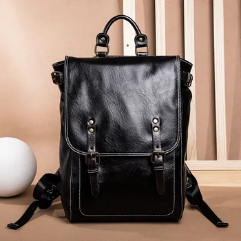 

New backpack retro trend men's square soft leather backpack simple fashion bag black Versatile college bag