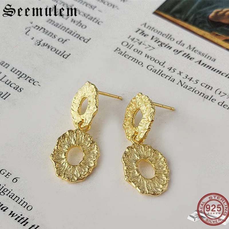 

Seemulem Simple Drop Earrings for Women 925 Silver Vintage Temperament Irregular Big Round Coin Earrings Female Charm Jewelry