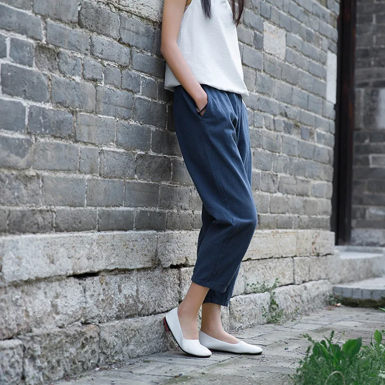 Johnature Loose Comfortable Solid Color Pockets Elastic Waist All-match Calf-length Pants 2020 Autumn New Women Straight Pants