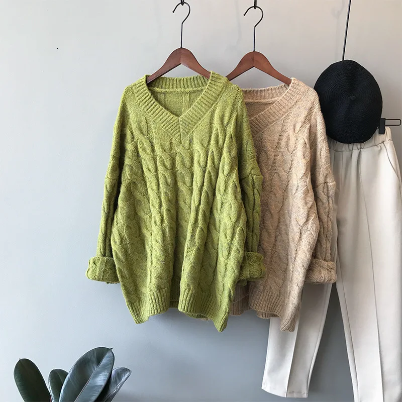 

Mooirue Autumn 2019 Women Kawaii Cable Sweater Green Lazy Flowers Knitting Loose Pullovers Femme Khaki Knitwear