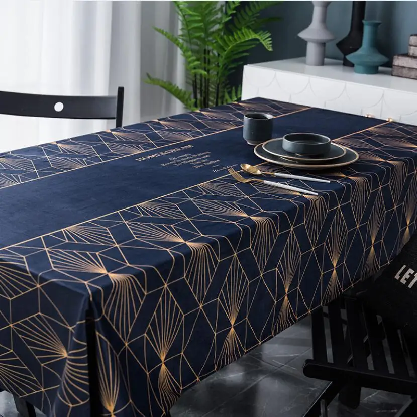 New Luxury Velvet Table Cloth Decorative Geometric Print Navy Blue Tablecloth Dining Table Cover Mantel Gold Obrus ZC088