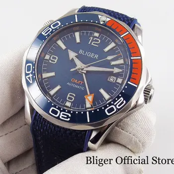 

BLIGER Brand Sapphire Glass Blue Dial GMT Hand Ceramic Bezel Rubber Strap Self Winding Men Watch