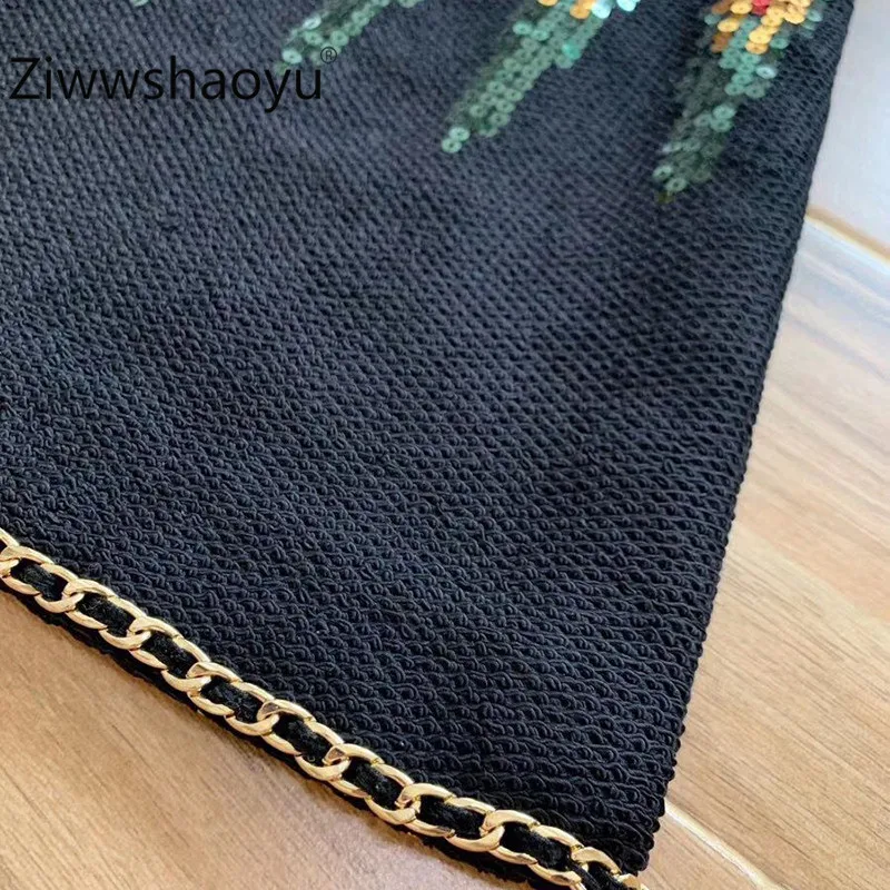 Ziwwshaoyu Runway Creation зимние женские винтажные Мини-платья с длинным рукавом и цепочкой, украшенное блестками роскошное платье