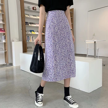 

Vintage Summer Floral Print Ruffle Pleated Long Skirts Winter Women Korean Skirt Streetwear Drawstring Elastic Waist Midi Skirt