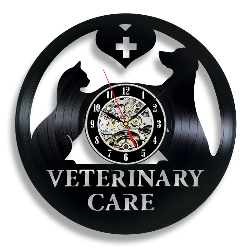 Ветеринарный уход виниловые настенные часы современный дизайн ветеринарная клиника собака и кошка классические 3D Животные виниловые часы для записей настенные часы 12"
