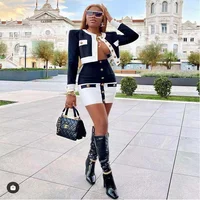 2021 New High Street Summer Patchwork 2 Two-Piece Set O-Neck Long Sleeve Pocket Button Mini Bandage Dress Female Short Set 1