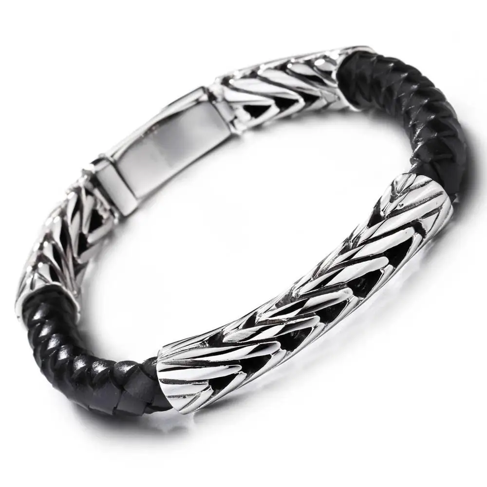 Панк мужской черный браслет из натуральной кожи браслет из нержавеющей стали