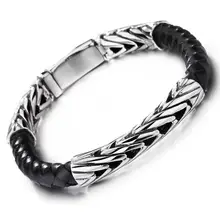 Панк мужской черный браслет из натуральной кожи браслет из нержавеющей стали