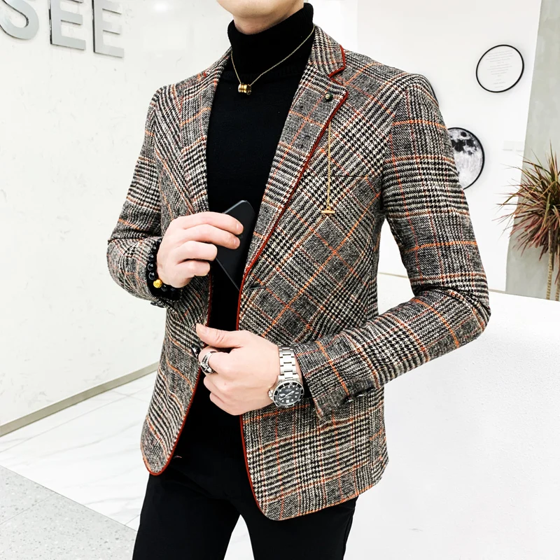 

Men Wool blend Blazer Plaid Suit Jacket Men Blazer Masculino Vintage Terno Masculino Blazers Men Terno Masculino Blaser Homens