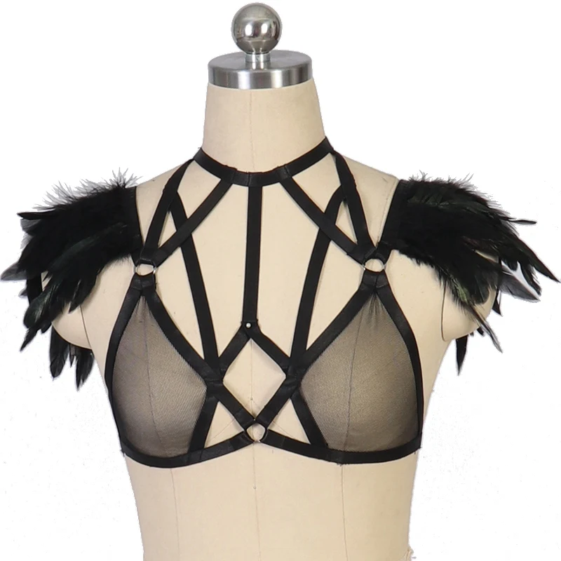 

Crop Top Feather Harness Bra Sexy Perspective Suspender Belt Harness Woman Bondage Lingerie Goth Feather Epaulets Body Harness