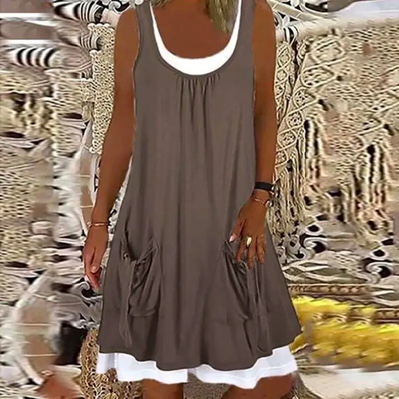 Summer Patchwork Short Dress Women 2021 Casual O Neck Pocket Party Dress Ladies Sleeveless Loose Beach Dresses Plus Size
