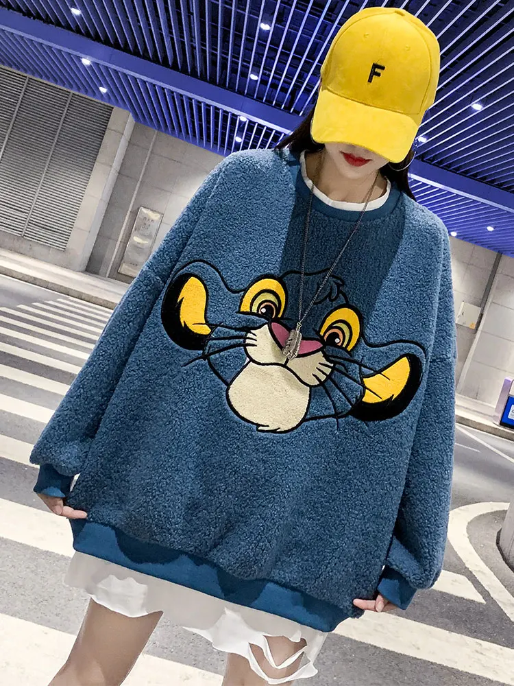  Fake two-piece Thicken Plus velvet Hoodie Sweatshirt Female Loose Korean Students Wild Cartoon Prin