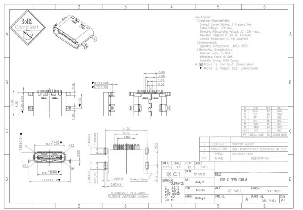 50 шт./лот Micro USB JACK 3,1 type-C 16pin Раковина 0,8 мм SMD 90 градусов разъем для зарядки мобильного телефона разъем
