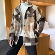 Зимнее шерстяное пальто для мужчин, модная повседневная Клетчатая Шерстяная куртка, Мужская Уличная одежда, свободные мужские куртки большого размера, пальто M-5XL