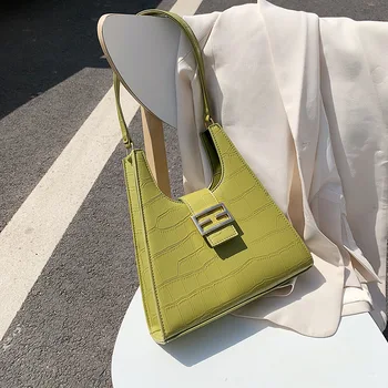 

Solid Color Ladies Handbag PU Leather Women Shoulder Bag 2020 Fashion Borsa Donna Crocodile Pattern Vintage Armpit Bag
