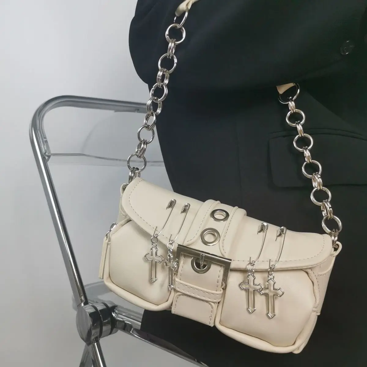 Xiuya Vintage Gothic Shoulder Bag Women 2022 Harajuku Punk Pin Cross Crossbody Bags Solid PU Leather Womens Handbag Pouch