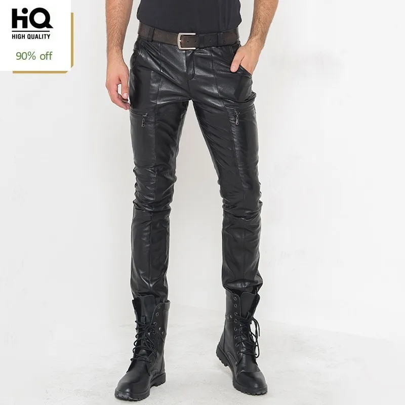 

Genuine Leather Mens Pants Autumn 2020 Hot Fashion Real Sheepskin Biker Slim Skinny Long Trouser Casual Streetwear Pantalon Male