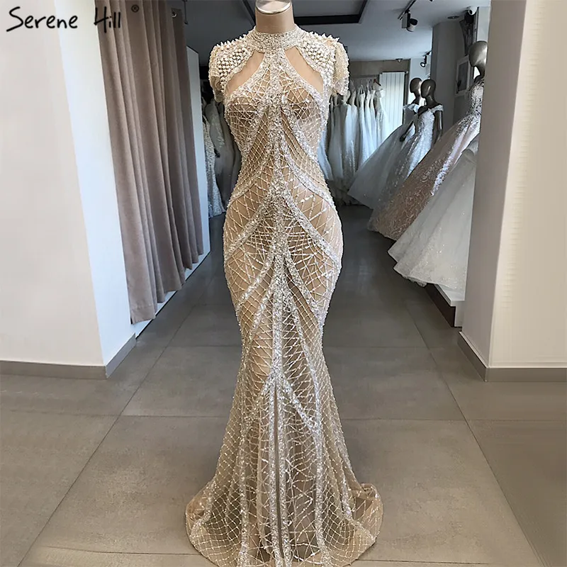 Champagne High Collar Sexy Prom Dresses Mermaid Sequined Short Sleeves Luxury Gowns Design 2020 Serene Hill BLA70196 | Свадьбы и