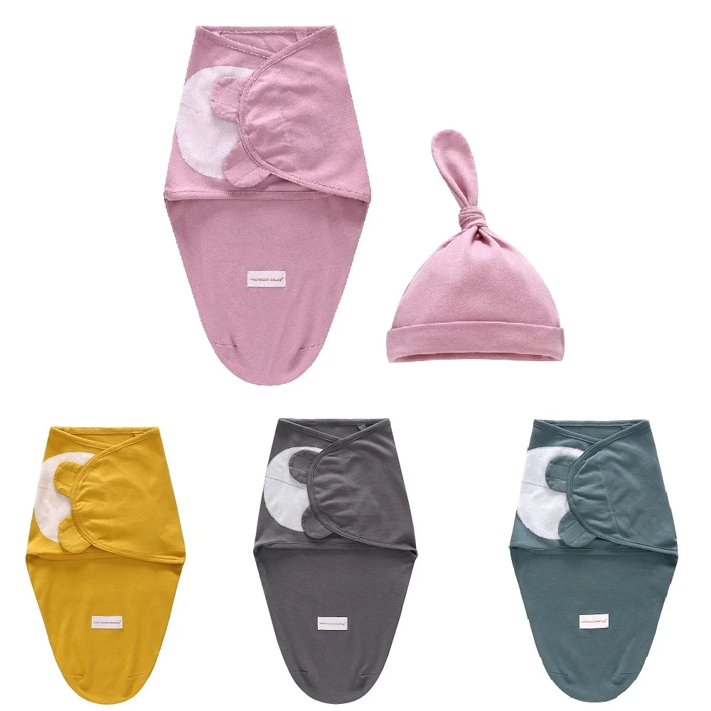 

2pcs New Baby Swaddle with Hat Set Solid Color Cotton Swaddling Bag for Newborn Infants Baby Envelope Sleep Sack for 0-6 Months