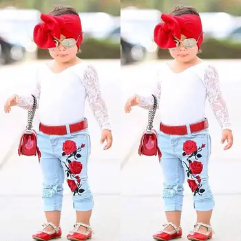 

6m-4years Infant baby girl clothes set lace tops hole denim pants 2pcs clothing set