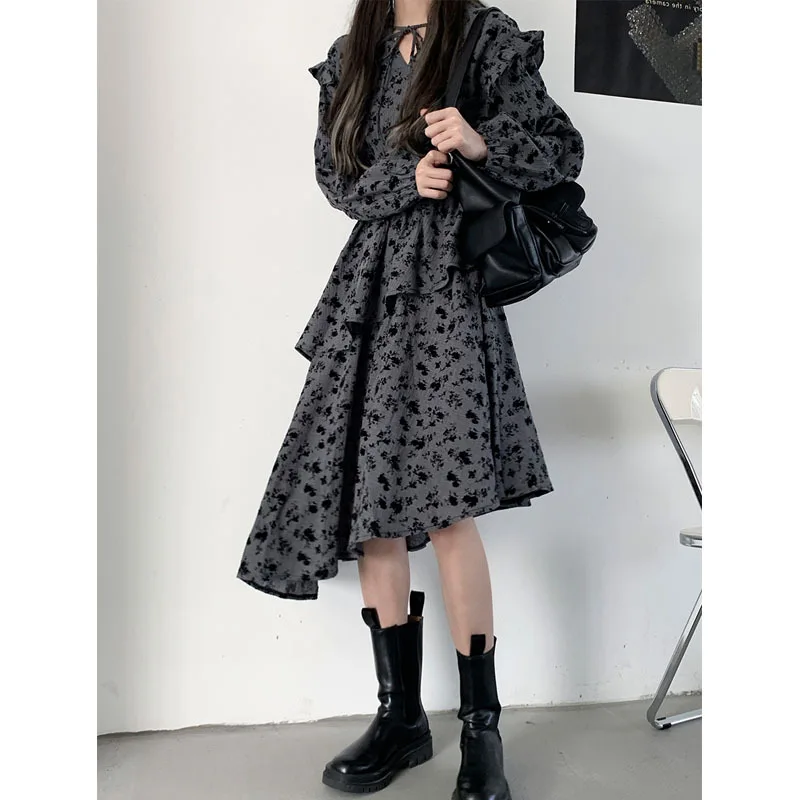

2020 Dresses For Women Autumn Full Puff Sleeve Ruffles Knee-Length Floral Print Asymmetrical Dress Streetwear Casual Dress