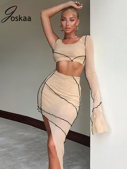 

Joskaa 2 Piece Set for Women One Shoulder Flare Sleeve Mesh Open Navel Irregular Skirt Tulle Clothing Sexy Skirts Sets Outfits