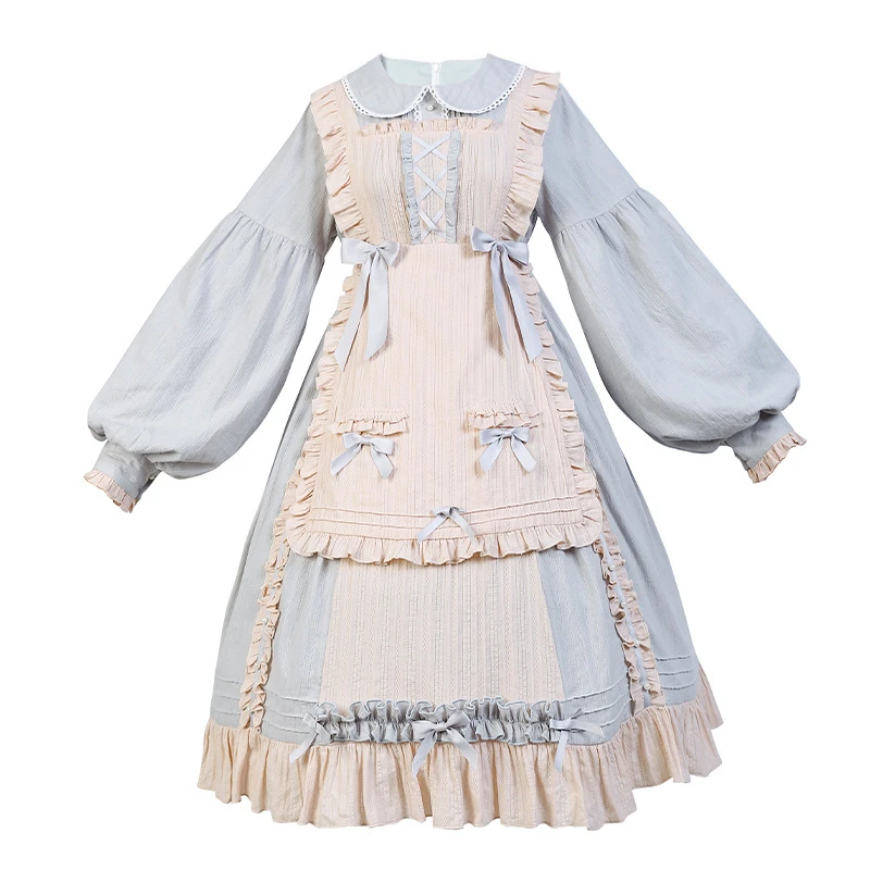 Light Blue Японское милое кремовое платье в стиле Лолиты для девочек-подростков; милое платье в стиле Лолиты с длинными рукавами; платье в стиле милой Лолиты с бантом и оборками - Цвет: Light Blue