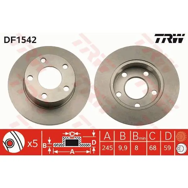 Диск тормозной AUDI 100 84-90/200 79-91 задний D=245мм. TRW DF15