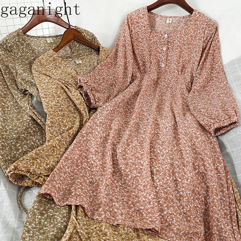 

Gaganight Korean Chic Retro Print Chiffon Dress Female High Waist Hip A Line 5 Colors Vestido Holiday Beach Style Ropa Mujer
