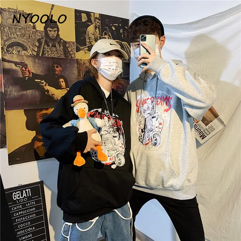 NYOOLO Harajuku уличный Забавный медведь с буквенным принтом, свободные теплые толстовки, осенне-зимние пуловеры с капюшоном, флисовая Толстовка для женщин и мужчин