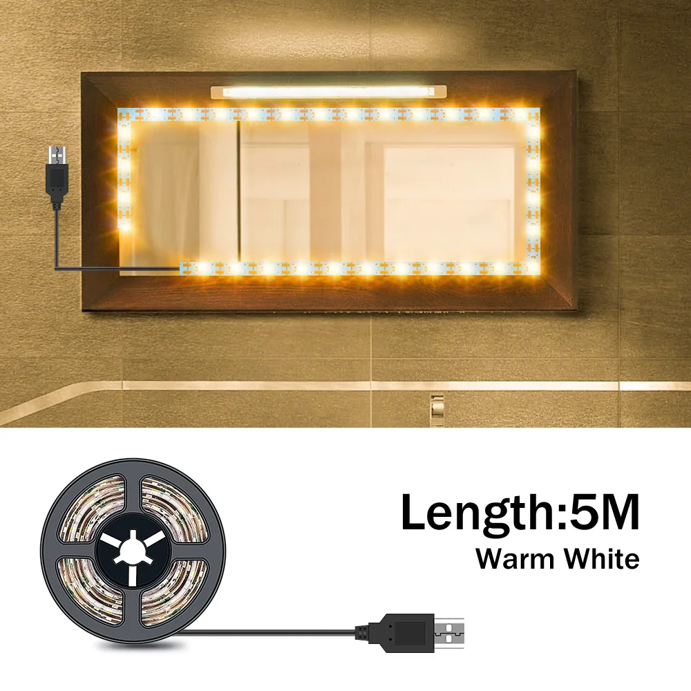 LED Light Strip para Vanity Mirror, Maquiagem de Hollywood, Fita Lâmpada, Penteadeira, USB, 0,5 m, 1m, 2m, 3m, 4m, 5m