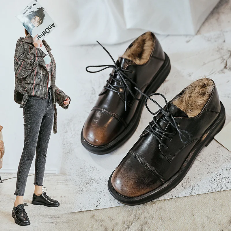 

2019 British Style Retro New Style qiu dong xie Classic Versatile Lace-up Square Head Chunky-Heel Flat Leather Shoes