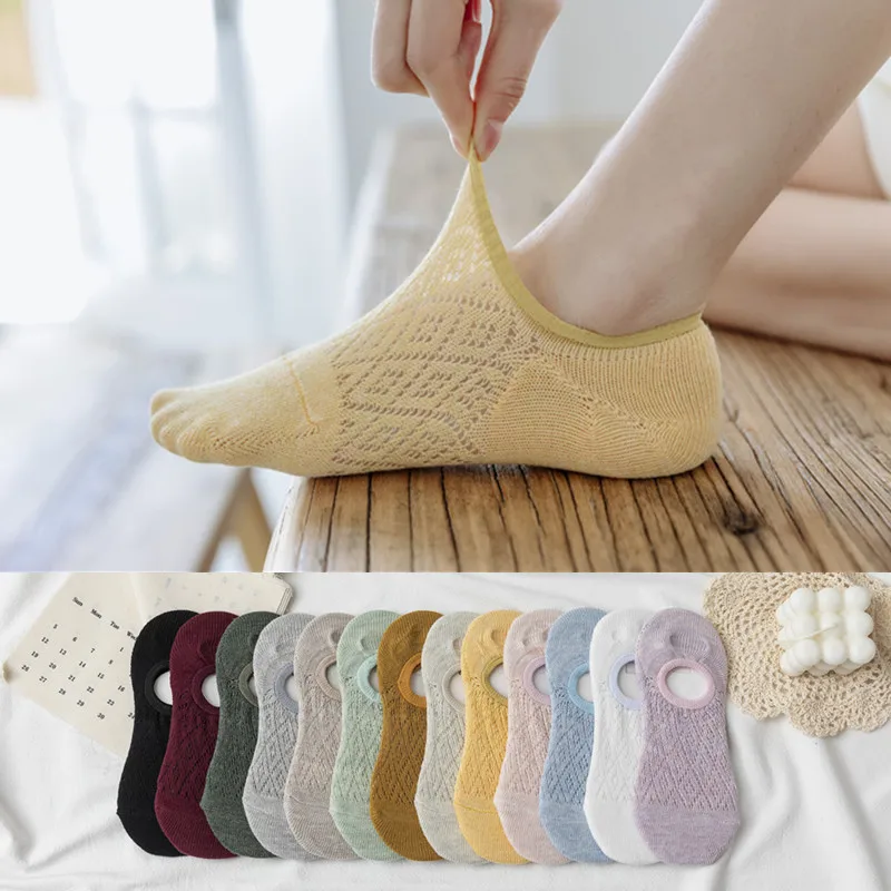 

10 pairs pack lot Explosion women socks Mesh Breathable Hollow out Solid color no show socks Non-slip happy Comfortable cotton